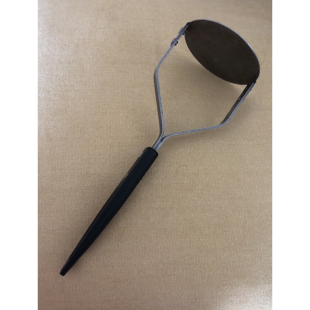 Vtg Potato Masher Flat Solid Stainless Steel Base Black Handle Rivets Made USA